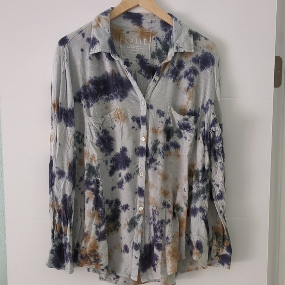 Caite Relaxed Fit Boho Cotton Tie-Dye Button-Up Coastal Oversized Beach Shirt S - Picture 1 of 6
